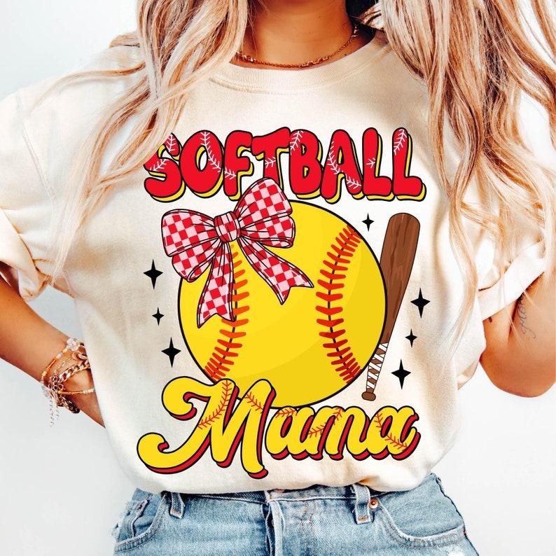 Softball Mama Retro, Game Day Coquette Bow, Stylish Sports T-shirt