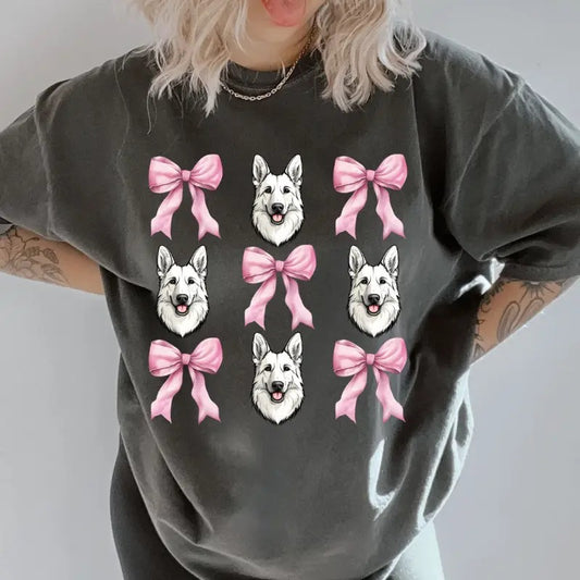 Solid White German Shepherd with bows Shirt ~ Unisex Apparel Relaxed Fit Printed In The USA Clothing Womenswear Casual Comfort Cotton Top Athletic Boho Chic