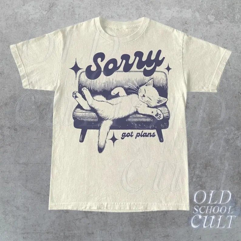 Sorry Got Plans Retro Graphic T-Shirt, Vintage Unisex Adult T Shirt, Vintage Kitten T Shirt, Nostalgia Cat T Shirt, Funny Shirt, Retro Gifts
