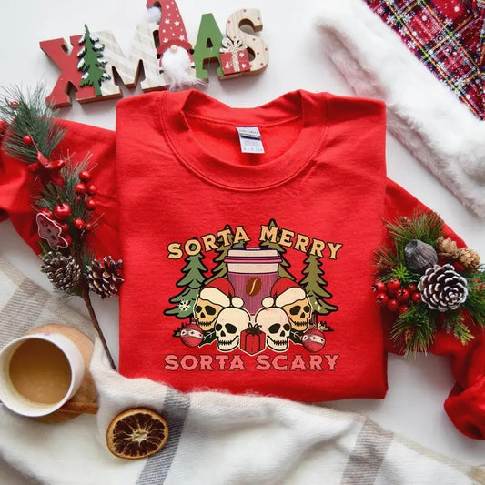 Sorta Christmas Sweatshirt, Cute Christmas Spooky vibes, Sorta Merry Sorta Scary Tee, Christmas Skeleton Shirt, Women Christmas Gift, Holiday Tee