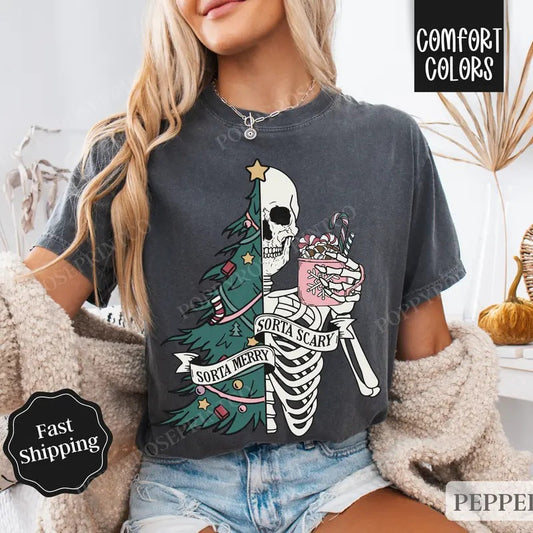 Sorta Merry Sorta Scary Christmas Shirt Comfort Colors Holiday Tshirt,  Women's Holiday Tee