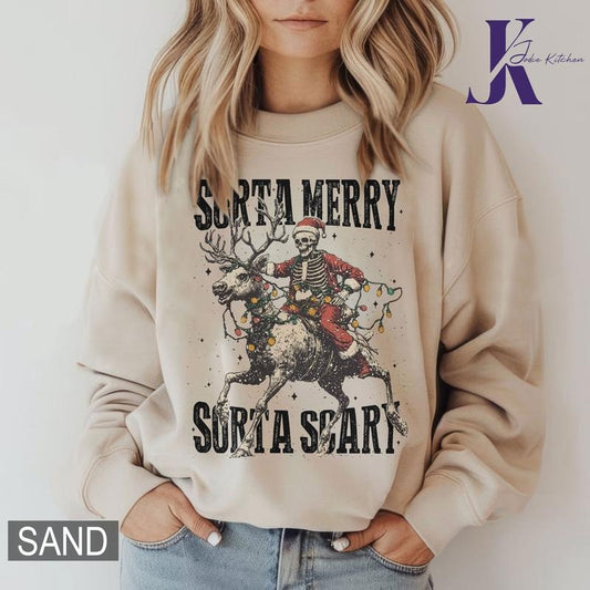Sorta Merry Sorta Scary Christmas Sweatshirt, Skeleton Christmas Comfort Colors Shirt, Holiday Shirt, Women's Holiday Tee