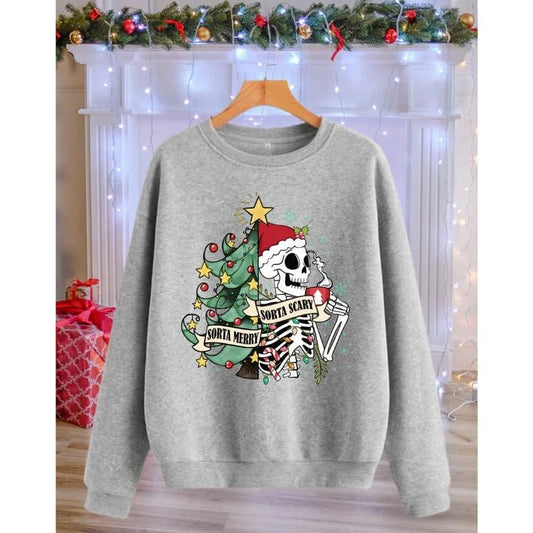 Sorta Merry Sorta Scary Crewneck Sweatshirt, Skeleton Christmas Sweater, Festive Holiday Sweatshirt, Funny Xmas Shirt, Ugly Xmas Sweater, Funny Christmas Sweatshirt