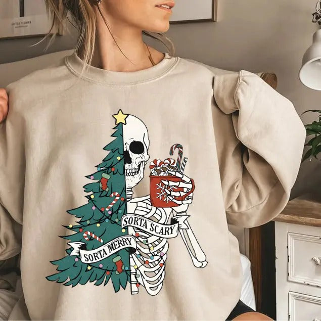 Sorta Merry Sorta Scary Crewneck Sweatshirt, Skeleton Christmas Sweater, Festive Holiday Sweatshirt, Funny Xmas Shirt, Ugly Xmas Sweater, Funny Christmas Sweatshirtstyle{n002}2