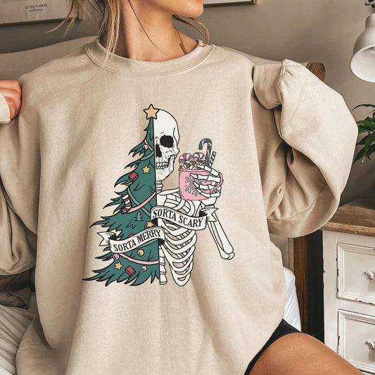 Sorta Merry Sorta Scary Sweatshirt Hoodie, Funny Christmas Hoodie, Christmas Skeleton Hoodie, Cute Christmas Sweater, Christmas Skeleton Crewneck