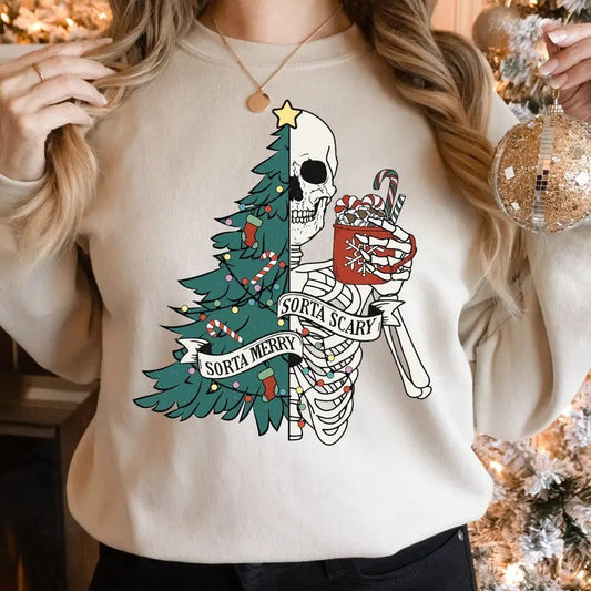 Sorta Merry Sorta Scary Sweatshirt, Christmas Sweatshirt, Funny Skeleton Christmas Sweater, Christmas Tree Shirt, Christmas Skeleton Sweatshirt, Winter Holiday Shirt, Xmas Christmas Gift Shirt