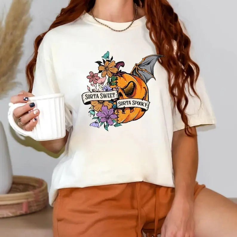Sorta Sweet Sorta Spooky Funny Halloween Shirt, Halloween Wildflower Shirt, Halloween Pumpkin Shirt, Halloween Women's...