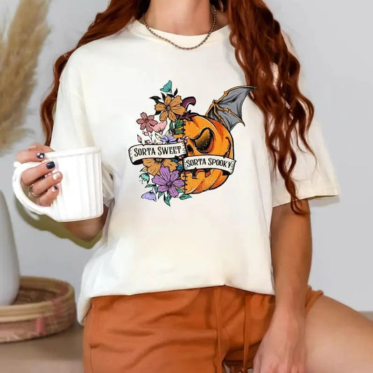 Sorta Sweet Sorta Spooky Funny Halloween Shirt, Halloween Wildflower Shirt, Halloween Pumpkin Shirt, Halloween Women's...