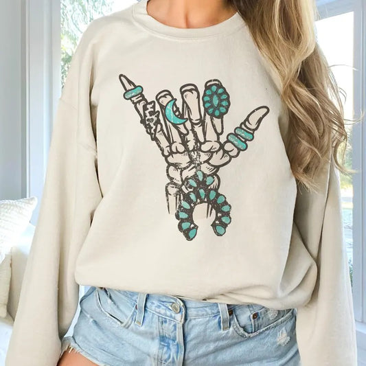 Southwest Turquoise Skeleton Sweatshirt Skeleton Hand Turquoise Pullover Rocker Skeleton Hand Sweatshirt Turquoise Jewelry Southwest Pullover Womens Country Sweatshirt Crewneck Casual