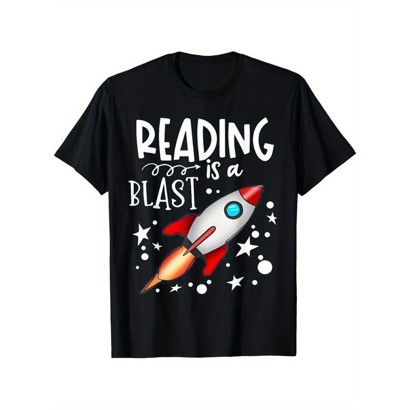 Space Rocket Graphic Cotton Tee, Breathable & Soft, Perfect for Casual Wear, Machine Washable - Ideal Gift for Book Lovers,Black Made in USA