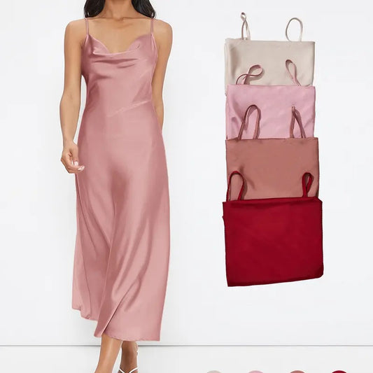 Spaghetti Strap Cowl Neck Long Slip Satin Silk Midi Dress