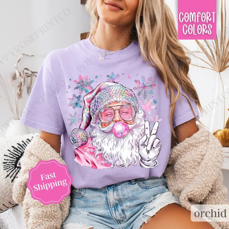 Sparkle Santa Shirt Comfort Colors, Preppy Christmas Tshirt,  Womens Holiday Tee