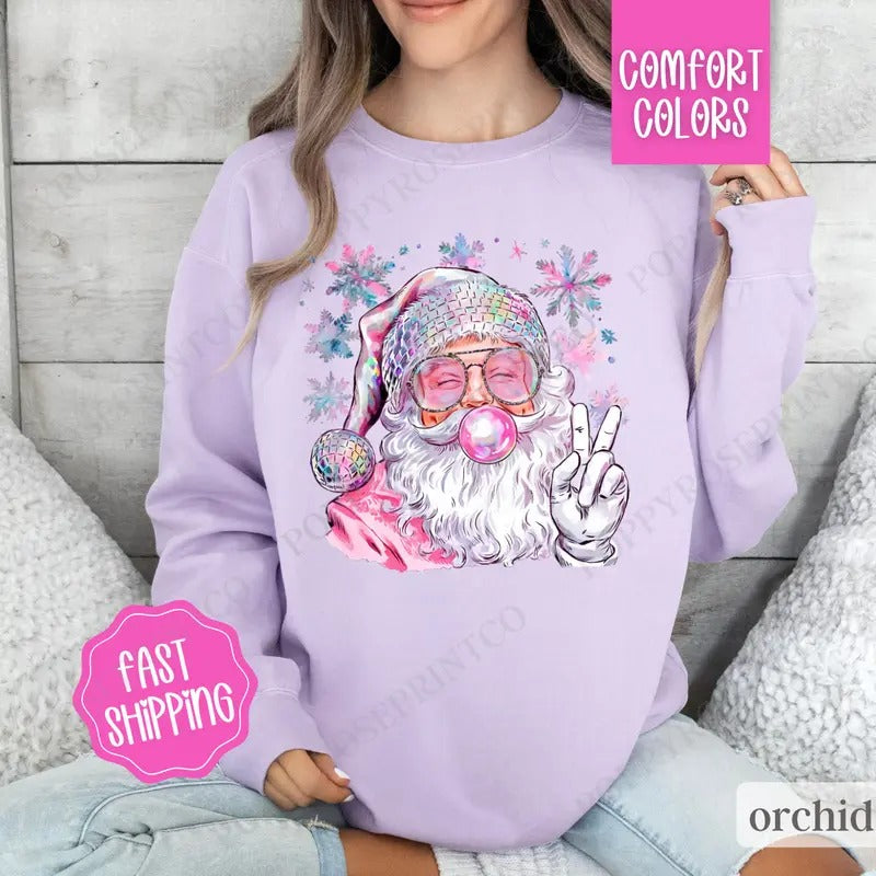 Sparkle Santa Sweatshirt Comfort Colors, Preppy Christmas Sweater,  Womens Holiday Crewneck