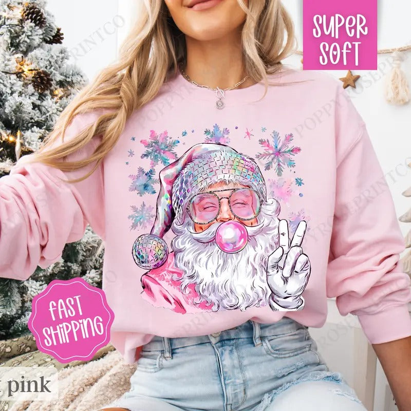 Sparkle Santa Sweatshirt, Preppy Christmas Crewneck,  Womens Holiday Sweater