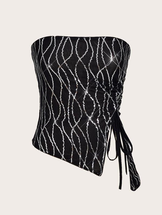 Sparkly Sequins Party Club Tube Tops Strapless Slit Bandeau TopY2K