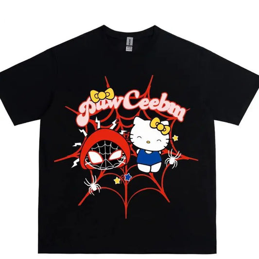 Spider X Hello Kitten Graphic Unisex T Shirt, Vintage Style Y2k Grunge Punk Tee, Top Menswear Streetwear Round Neck Casual Tshirt