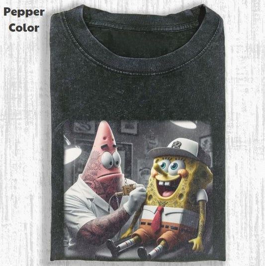 SpongeBob SquarePants Vintage Graphic Tee, Patrick Tattoo SpongeBob T-Shirt, Movies Tee, Unisex Meme Cringe Funny Dumb Shirt, Menswear Womenswear Streetwear Cotton Comfort