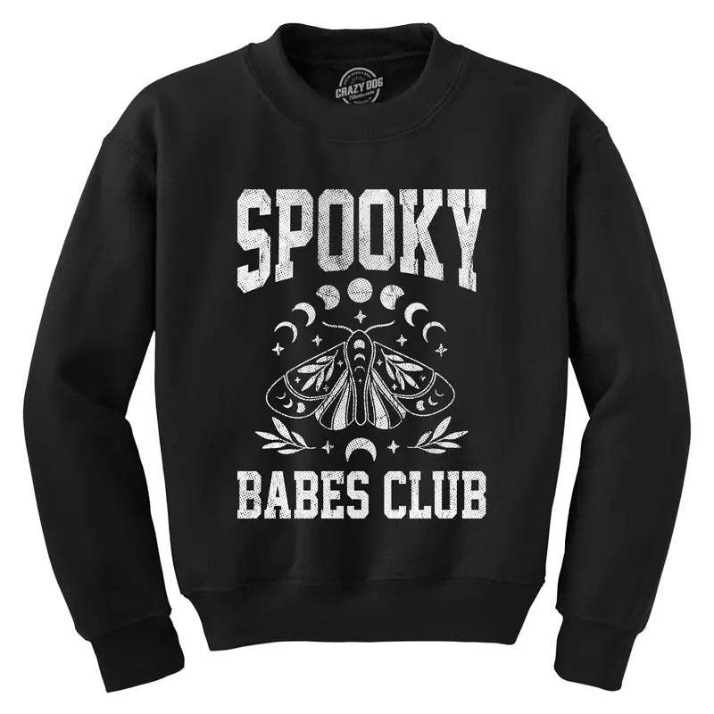 Spooky Babes Club Crewneck Sweatshirt Funny Hot Halloween Scary Season Lovers Longsleeve Funny Sweater Halloween Crew Neck Novelty Sweatshirts for Men Black -