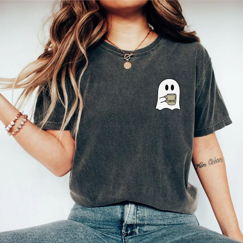 Spooky Coffee T-shirt, Cute Spooky T-shirt, Womens Ghost Shirts, Spooky Season Tee, Ghost Halloween Shirt, Fall Coffee...