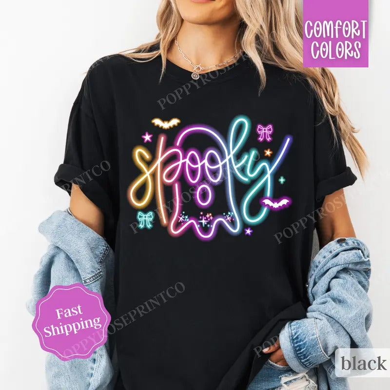 Spooky Ghost Neon Shirt Comfort Colors Halloween Tshirt,  Women's Holiday Tee
