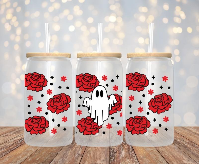 Spooky Ghost with Roses 16oz Halloween Glass Tumbler T-Shirts, Hoodie, Sweatshirt | WearSparks.com