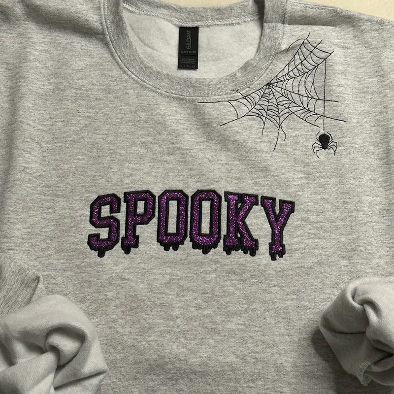 Spooky Glitter and spider web Embroidered Crewneck Sweatshirt T-Shirts, Hoodie | WearSparks.com