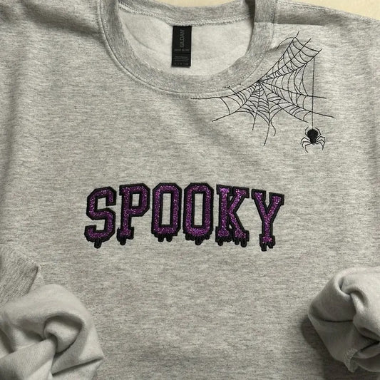 Spooky Glitter and spider web Embroidered Crewneck Sweatshirt T-Shirts, Hoodie | WearSparks.com