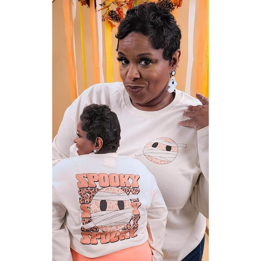 Spooky Leopard Smiley Graphic Boyfriend Long Sleeve T-Shirt