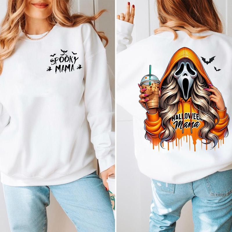 Spooky Mama Gh0.st Face 2 Sides Shirt Hoodie & Sweatshirt,  Halloween For Women, Gift For Mom, Ghost Sweatshirt, Halloween Coffee Lover Hoodie