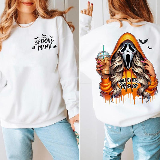Spooky Mama Gh0.st Face 2 Sides Shirt Hoodie & Sweatshirt,  Halloween For Women, Gift For Mom, Ghost Sweatshirt, Halloween Coffee Lover Hoodie