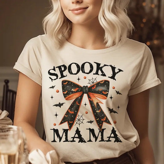 Spooky Mama Halloween Tshirt Spooky Mama Halloween Bow Tee Halloween Fall Mama T-Shirt Halloween Bow Mama Top Womens Halloween Tshirt