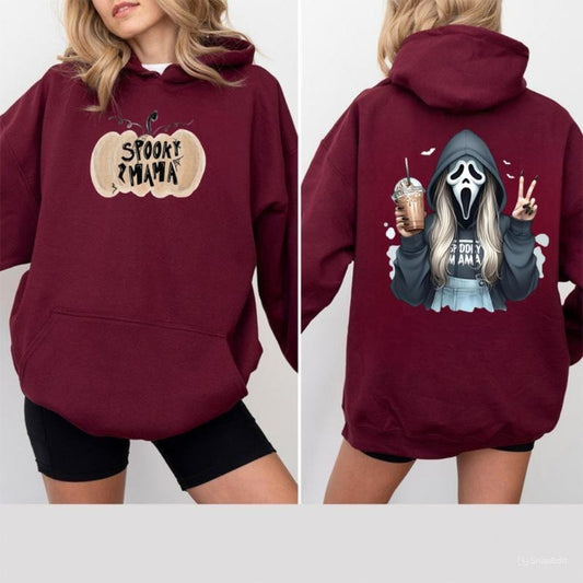 Spooky Mama Hoodie, Ghossstface Holding Iced Coffee Graphic Hoodie, Fun Halloween Horror Apparel, Trendy Fall Season Style, Unisex Fit for Men & Women