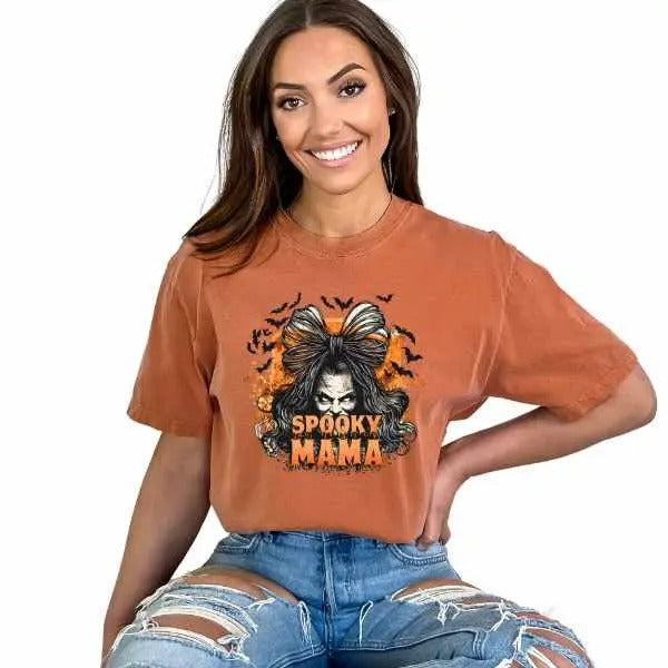 Spooky Mama Short Sleeve Cewneck T-Shirt for Women, Trendy Fall Everyday Womenswear Style, Casual Autumn T Shirt, Comfort TSkeleton Shirt, Halloween Shirt, Halloween Skull Shirt for Mama, Machine Washable