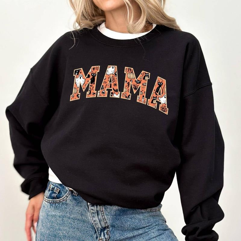 Spooky Mama Sweatshirt, Vintage Halloween Sweatshirt For Mom, Mommy Sweatshirt, Cute Halloween Mama Sweater, Halloween Mama Crewneck, Comfy Long Sleeve Pullover, Cute Women's Tops, Fall Winter Casual Womenswear, Comfort Cotton Fabric Relaxed Top