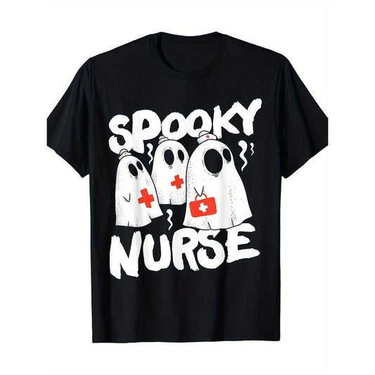 Spooky Nurse Graphic T-Shirt - Cotton Knit Fabric Adult Unisex Tee, Casual Crew Neck Top for Running, Yoga, Training, Basketball, Festive & Party Occasions - Four Seasons Regular Fit Apparel Made in USA