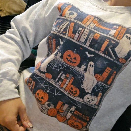 Spooky Season Ghosty Books Design Sweatshirt with Halloween Icons and Ghosts Pattern