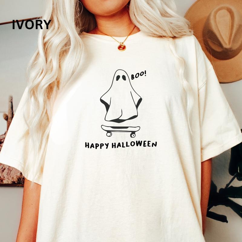 Spooky Season Shirt, Skater Ghost Tee, Ghost T-shirt, Happy Halloween Shirt, Halloween Graphic shirt, Comfort Colors Shirt, Ghost Halloween Shirt, Casual Shirt Unisex, Halloween Clothing, Graphic Halloween Apparel, Casual Cotton T-shirt, Unisex Halloween
