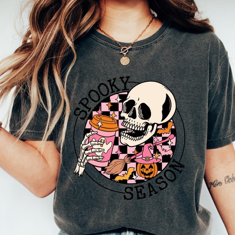 Spooky Season Skeleton Retro Shirt, Retro  Halloween Tee, Skeleton Halloween Graphic shirt, Comfort Colors Shirt, Ghost...