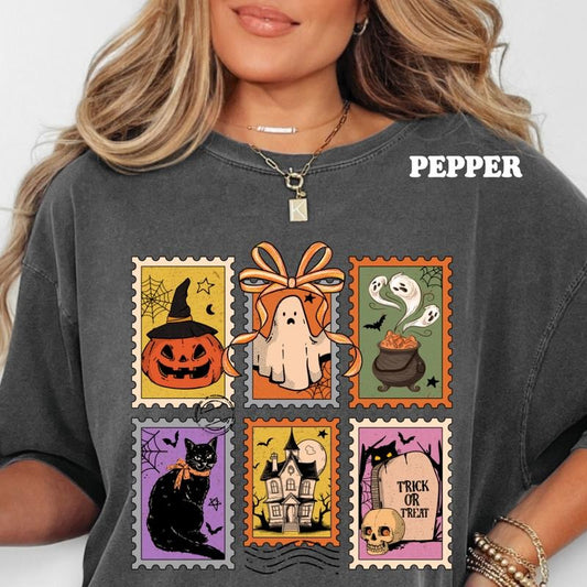 Spooky Stamps Halloween Shirt ~ Unisex Apparel Relaxed Fit Printed In The USA Clothing Womenswear Casual Comfort Cotton Top Athletic Boho Chic Season Cat Ghost T-Shirt Retro