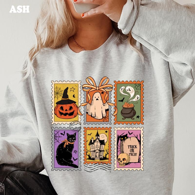 Spooky Stamps Halloween Sweatshirt ~ Unisex Apparel Relaxed Fit Printed In The USA Clothing Womenswear Casual Comfort Cotton Top Athletic Boho Chic