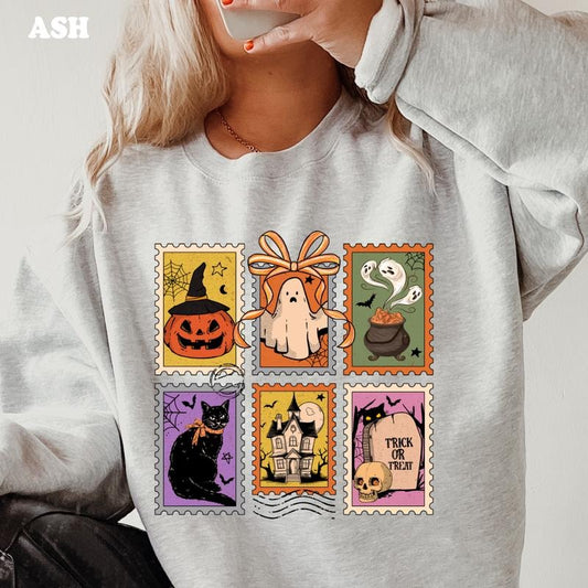 Spooky Stamps Halloween Sweatshirt ~ Unisex Apparel Relaxed Fit Printed In The USA Clothing Womenswear Casual Comfort Cotton Top Athletic Boho Chic