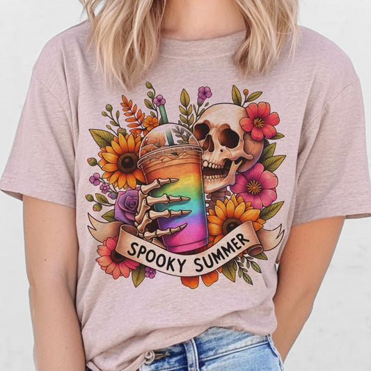 Spooky Summer Floral Skull Graphic Tee Rainbow Drink Floral Skeleton Summer Tshirt Casual Womens Crewneck Spooky Summer Top