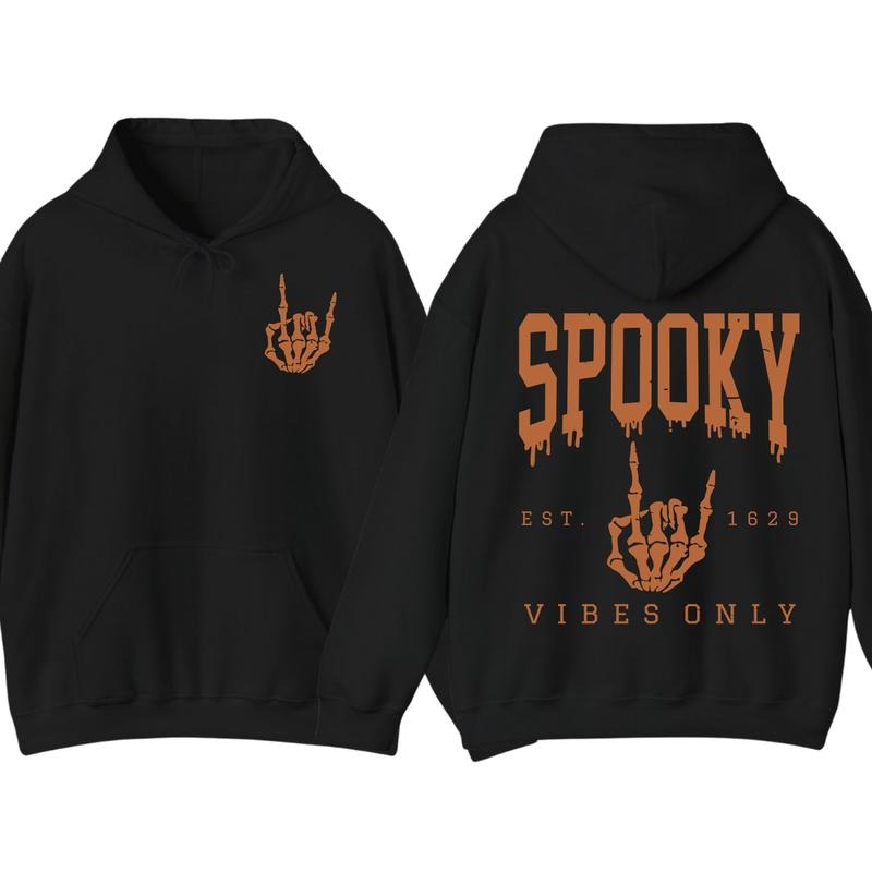 Spooky Vibes Only Hoodie, Skeleton Hand Graphic Pullover, Vintage Halloween Hoodie, Creepy Aesthetic Streetwear, Cozy...