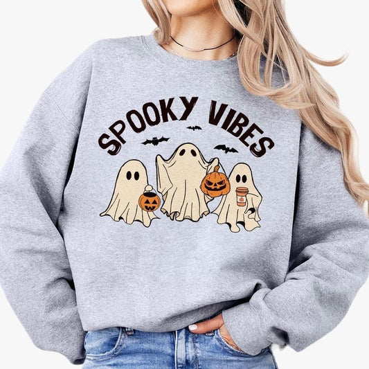 Spooky Vibes Sweatshirts, Halloween Shirt For Women, Halloween Ghost Sweatshirt, Fall T-shirts, Gifts For Her, Pumpkin...