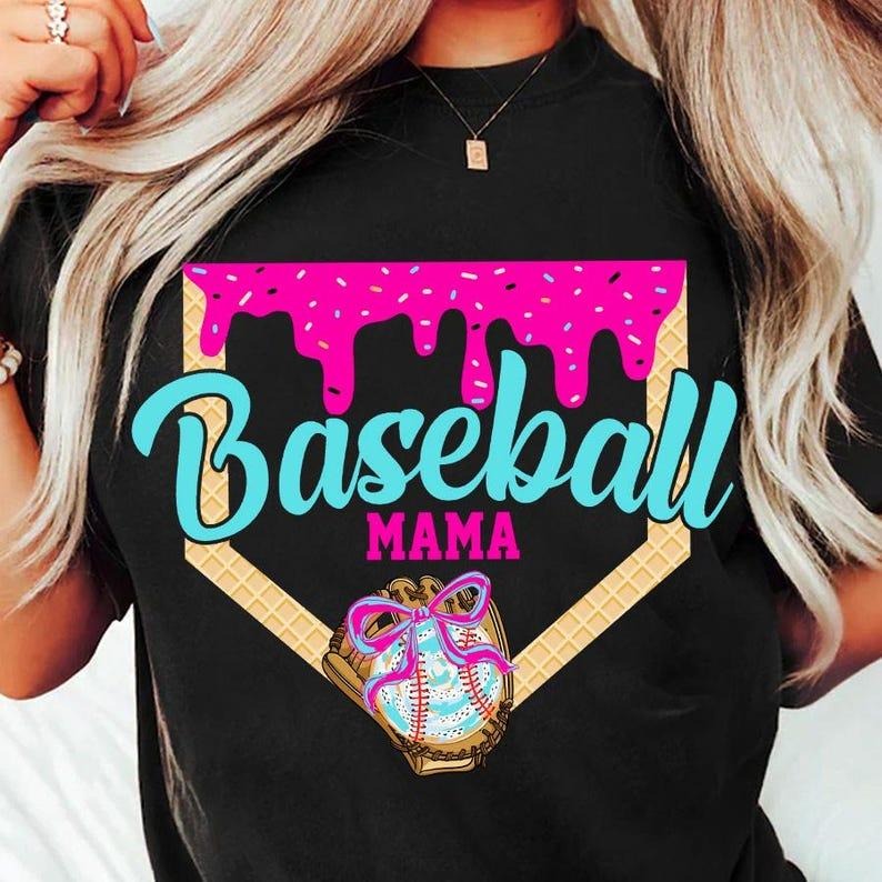 Sporty Baseball Drip Tee, Preppy Ice Cream Print, Retro Mom Look