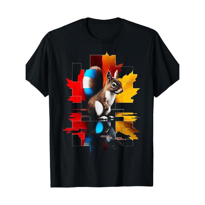 Squirrel Leaf Art Geometric Graphic T-Shirt, 100% Cotton, Casual Crew Neck, Short Sleeve, Regular Fit, with Slight Stretch, for Adults, All-Season Pullover Made in USA