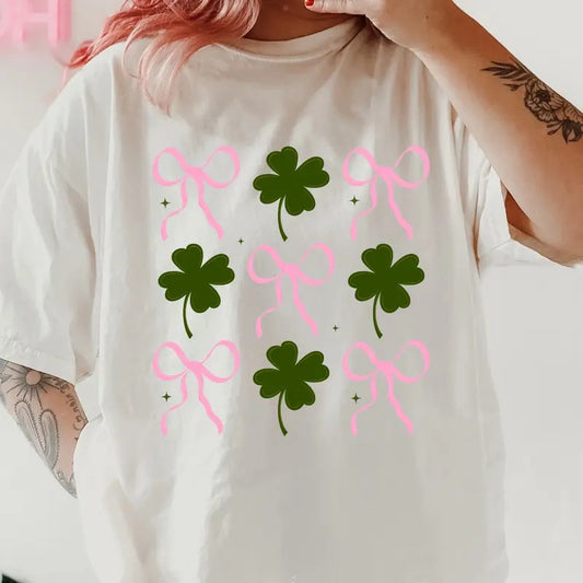 St. Patty's Day Clover & Bows Shirt ~ Unisex Apparel Relaxed Fit Printed In The USA Clothing Womenswear Casual Comfort Cotton