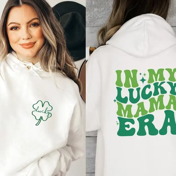 St Lucky Shamrock Hoodie with Luck Mama Era Shirt, St Patricks Day, Irish Hoodie, Irish Mama, Irish Mom Gift, St Pattys Day, St. Patricks Day Sweatshirt for Women, Lucky Crewneck, Shamrock Sweatshirt, Armpatch Shamrock Sweatshirt, Irish Sweatshirt