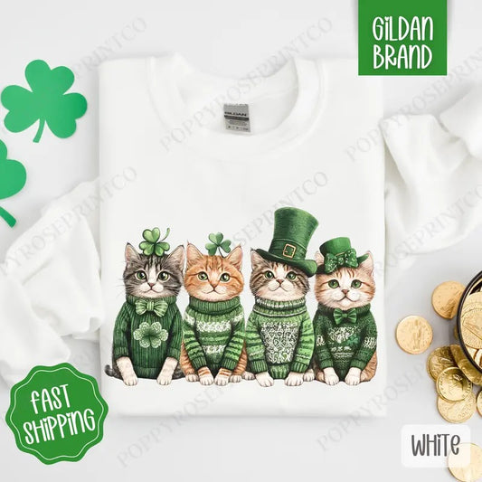 St Patrick Cats Sweatshirt, St Patrick's Day Crewneck, Cute Women's Sweater T-Shirts, Hoodie | WearSparks.com