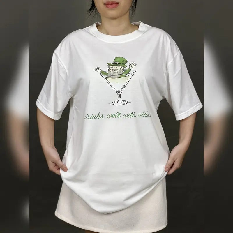St Patrick's Day Gliter T-Shirt, Leprechaun Martini Cocktail Drinks Well With Others Gliter Shirts, St Patty Day Shirt Funny St Paddy Tee
